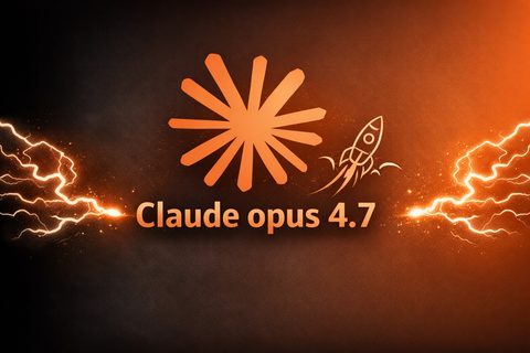 Illustration éditoriale en format paysage dédiée à Claude opus 4.7, sur fond dégradé noir et orange, avec une composition graphique énergique, des effets lumineux latéraux et un titrage central sobre et impactant.