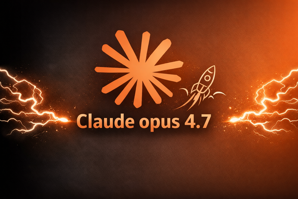 Illustration éditoriale en format paysage dédiée à Claude opus 4.7, sur fond dégradé noir et orange, avec une composition graphique énergique, des effets lumineux latéraux et un titrage central sobre et impactant.