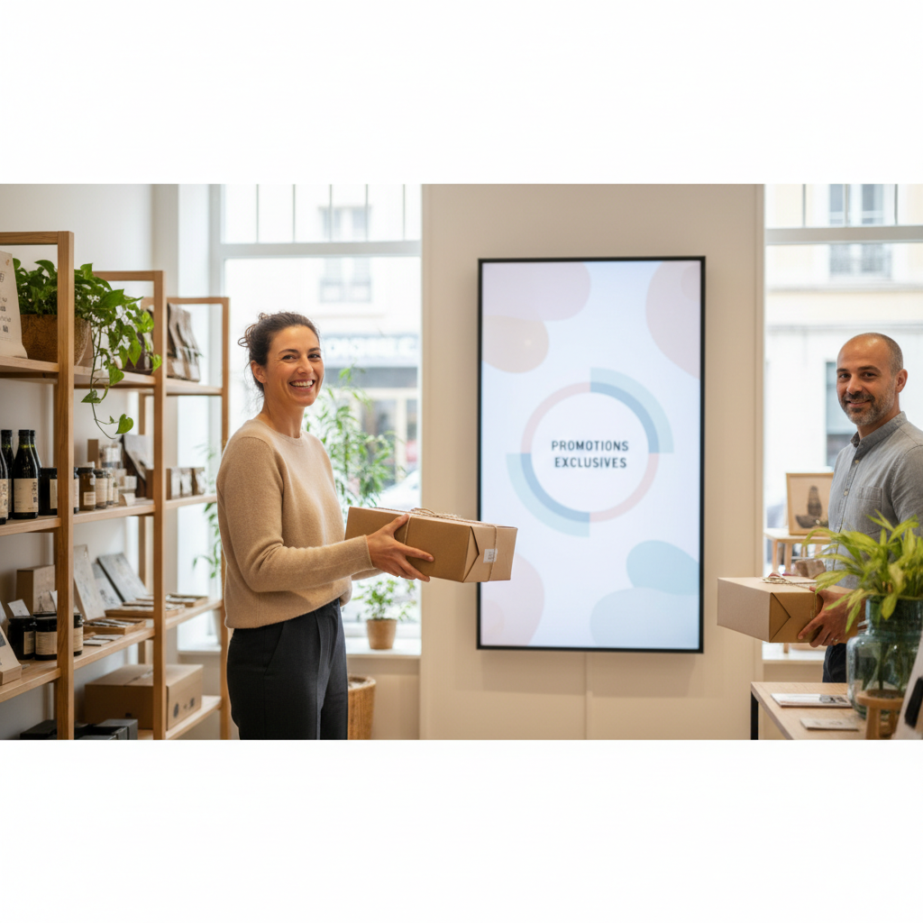 Une cliente souriante récupérant sa commande Click & Collect dans une petite boutique indépendante, illustrant l'omnicanalité.