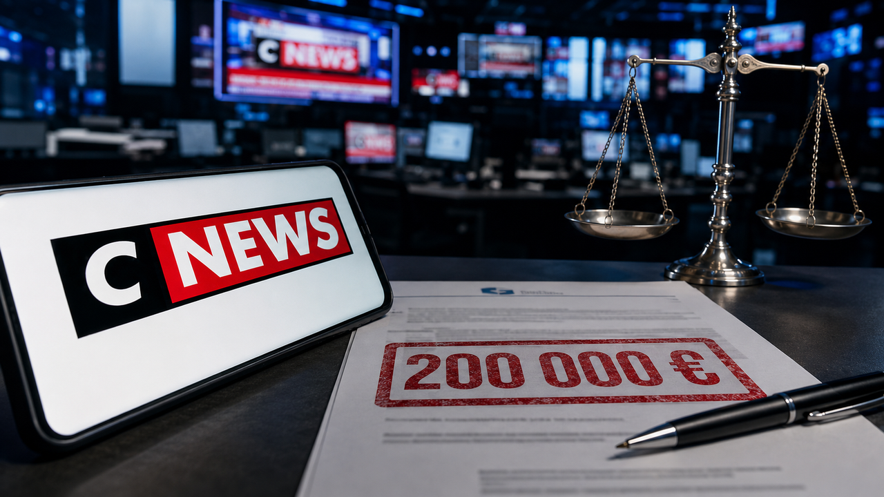 Logo CNews face à un document de sanction de 200 000 euros et une balance de justice.