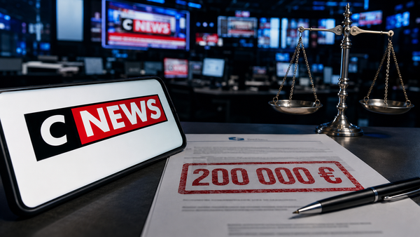 Logo CNews face à un document de sanction de 200 000 euros et une balance de justice.