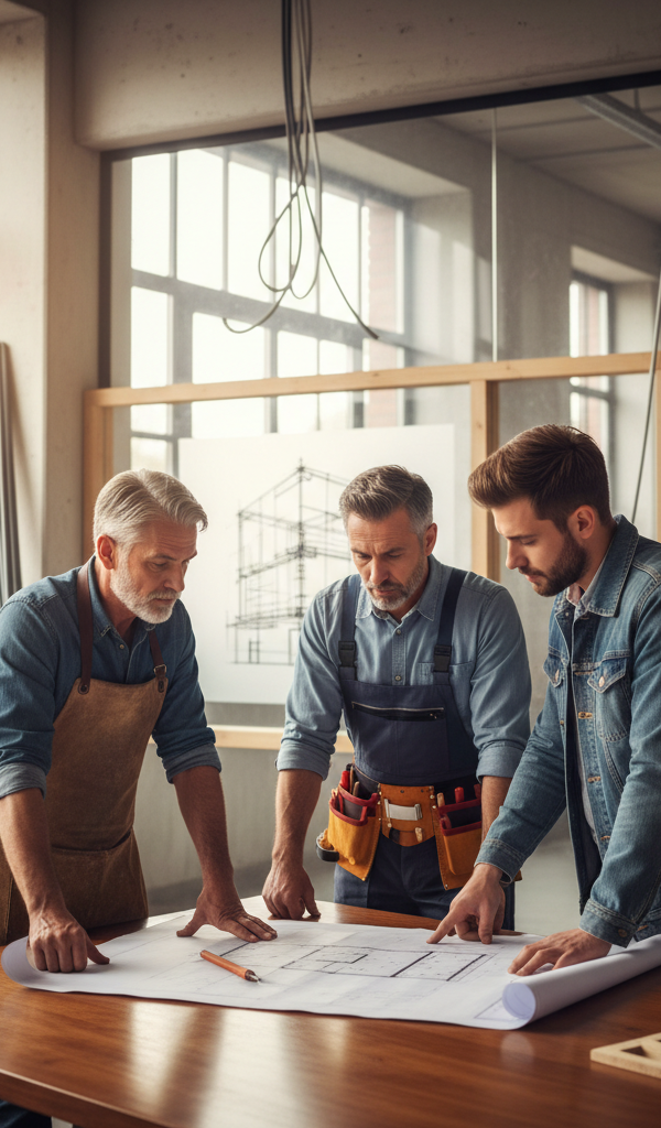Trois artisans, un charpentier, un électricien et un spécialiste de la rénovation, analysant des plans de construction, symbolisant la co-traitance artisanale pour les marchés publics.