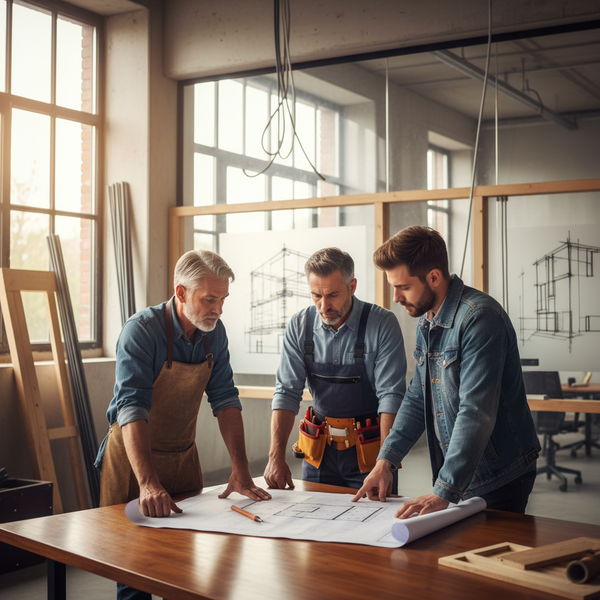 Trois artisans, un charpentier, un électricien et un spécialiste de la rénovation, analysant des plans de construction, symbolisant la co-traitance artisanale pour les marchés publics.