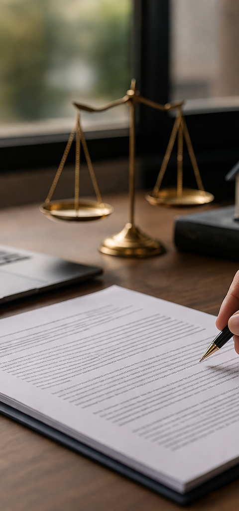 Scène éditoriale réaliste d’un bureau professionnel : une main en costume tient un stylo au-dessus d’un dossier contractuel posé sur un bureau en bois, à côté d’un ordinateur portable affichant des graphiques, d’une balance de justice, d’un maillet, d’une maquette de maison et d’un smartphone, dans une lumière naturelle chaude évoquant la conformité juridique et la gestion d’entreprise.