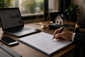 Scène éditoriale réaliste d’un bureau professionnel : une main en costume tient un stylo au-dessus d’un dossier contractuel posé sur un bureau en bois, à côté d’un ordinateur portable affichant des graphiques, d’une balance de justice, d’un maillet, d’une maquette de maison et d’un smartphone, dans une lumière naturelle chaude évoquant la conformité juridique et la gestion d’entreprise.