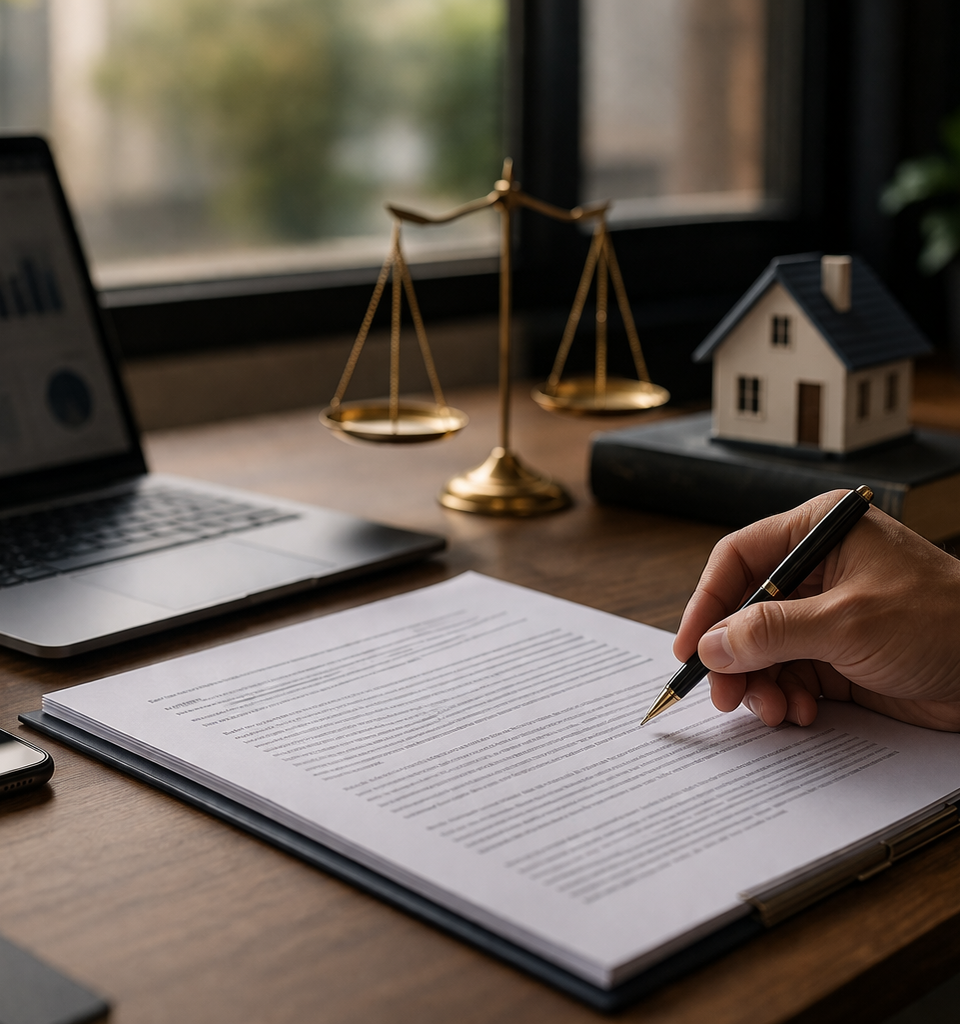 Scène éditoriale réaliste d’un bureau professionnel : une main en costume tient un stylo au-dessus d’un dossier contractuel posé sur un bureau en bois, à côté d’un ordinateur portable affichant des graphiques, d’une balance de justice, d’un maillet, d’une maquette de maison et d’un smartphone, dans une lumière naturelle chaude évoquant la conformité juridique et la gestion d’entreprise.