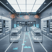 Illustration d'un magasin intelligent en 2026, avec des algorithmes de computer vision optimisant le parcours client et la gestion du merchandising.