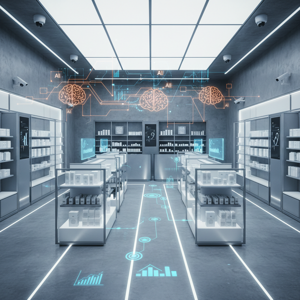 Illustration d'un magasin intelligent en 2026, avec des algorithmes de computer vision optimisant le parcours client et la gestion du merchandising.