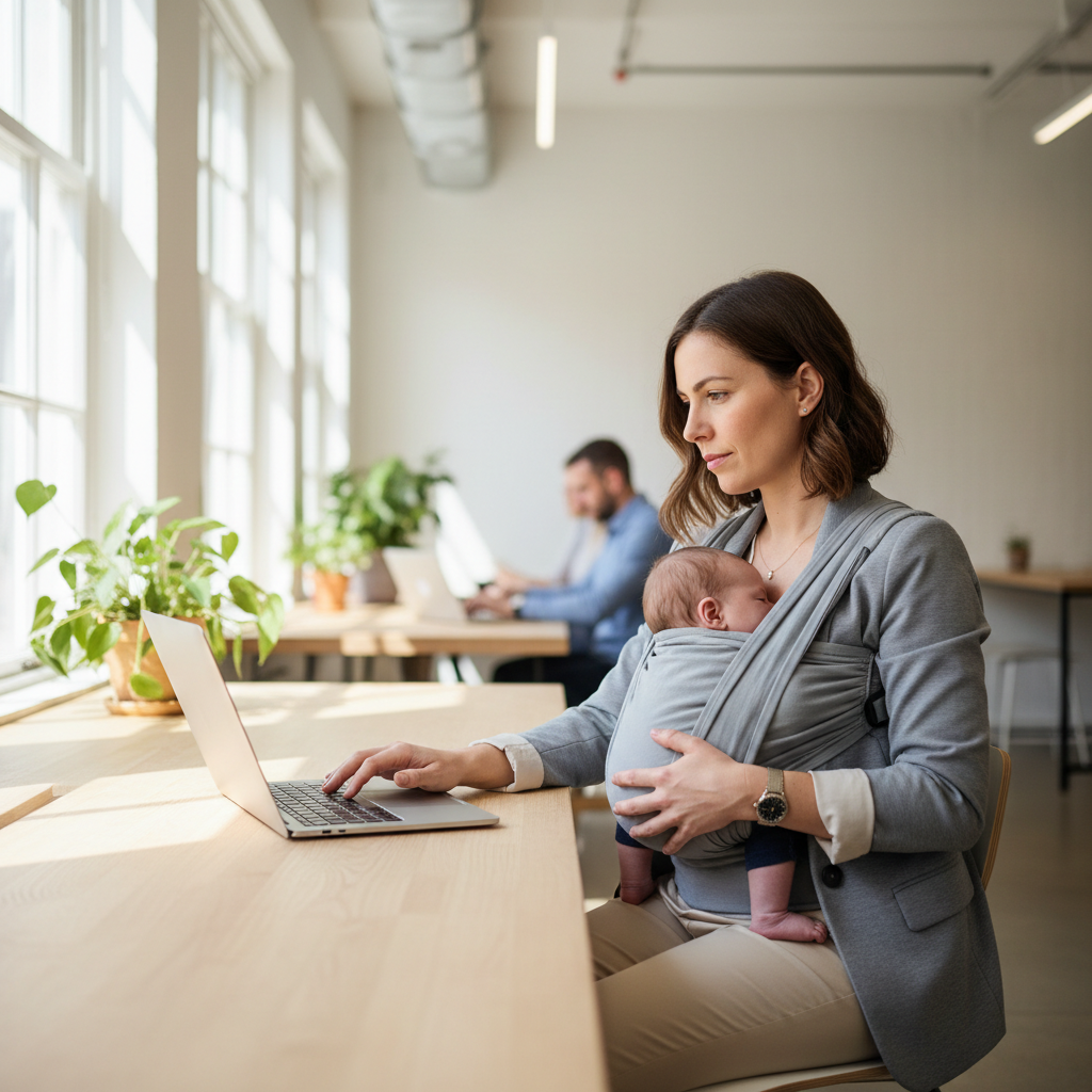 Une femme souriante, tenant un bébé dans un bras et un ordinateur portable dans l'autre, symbolisant le défi de concilier maternité et entrepreneuriat avec succès.