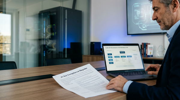 Illustration d'une PME naviguant dans la complexité réglementaire de l'AI Act, avec des documents de conformité et des icônes d'intelligence artificielle, symbolisant le défi de la conformité AI Act.