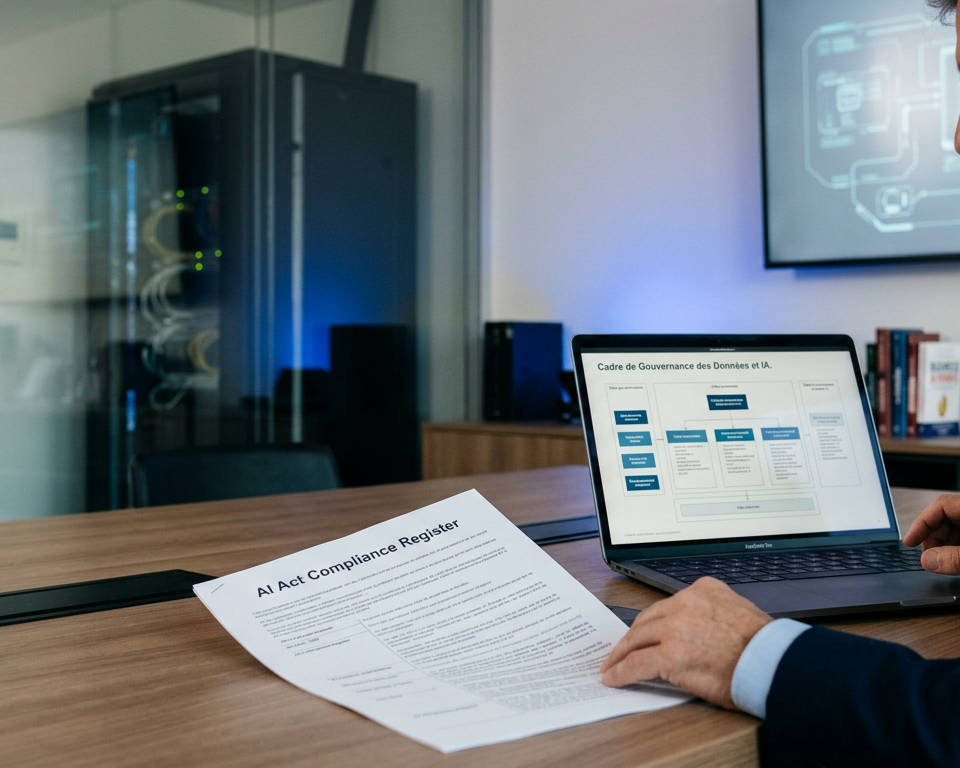 Illustration d'une PME naviguant dans la complexité réglementaire de l'AI Act, avec des documents de conformité et des icônes d'intelligence artificielle, symbolisant le défi de la conformité AI Act.