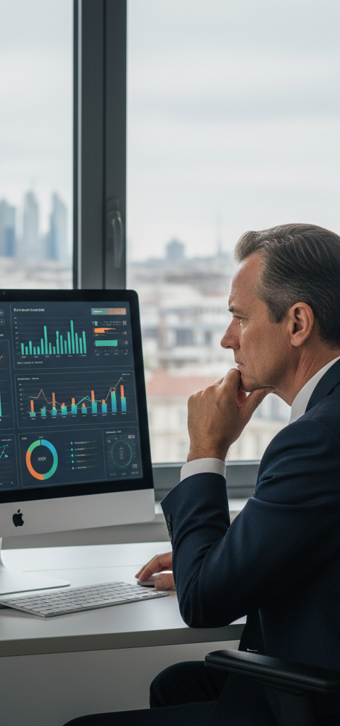 Dirigeant de PME français analysant des données financières sur un ordinateur, reflétant la conjoncture économique 2026, l'inflation et les taux d'intérêt.