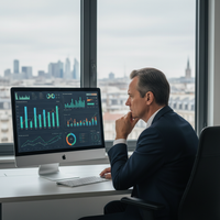 Dirigeant de PME français analysant des données financières sur un ordinateur, reflétant la conjoncture économique 2026, l'inflation et les taux d'intérêt.