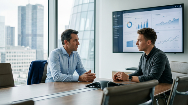 Illustration d'une équipe de consultants en Conseil IA aidant des dirigeants de PME à intégrer l'intelligence artificielle pour optimiser leurs processus et leur croissance.