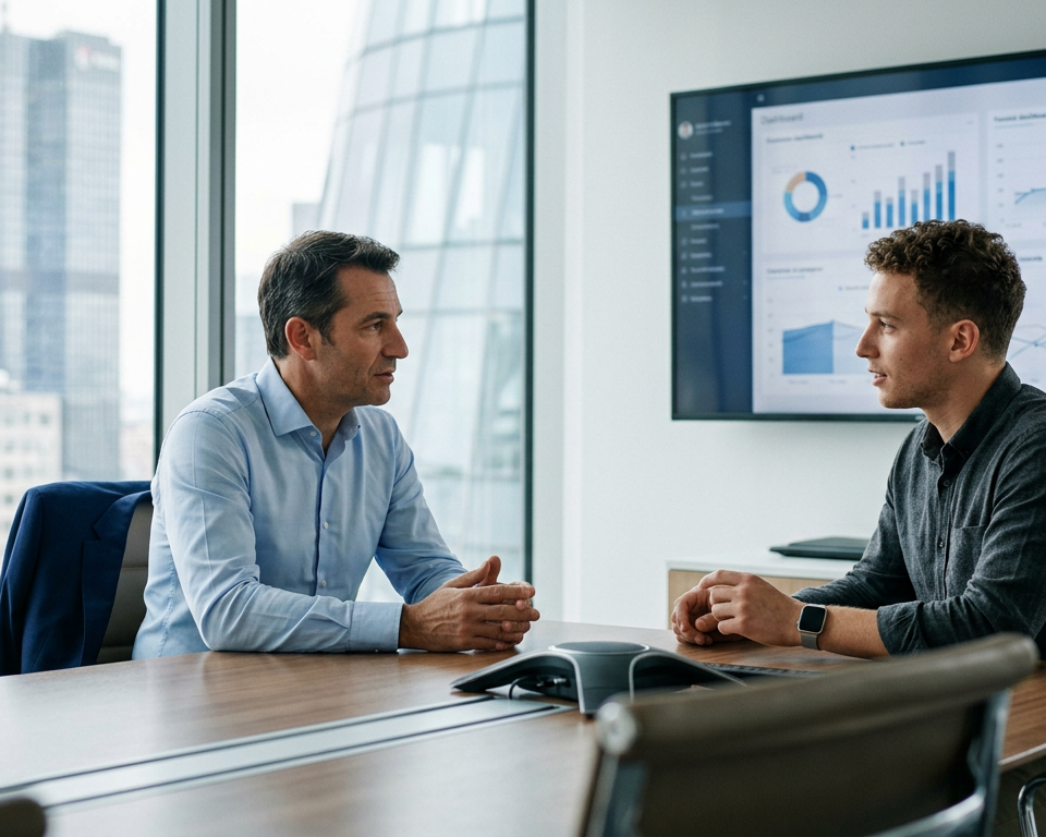 Illustration d'une équipe de consultants en Conseil IA aidant des dirigeants de PME à intégrer l'intelligence artificielle pour optimiser leurs processus et leur croissance.