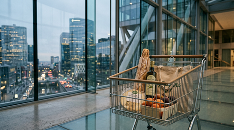 Graphique illustrant la prévision de rebond modéré de la Consommation INSEE 2026 avec des flèches ascendantes et des personnes réfléchissant à leurs dépenses.