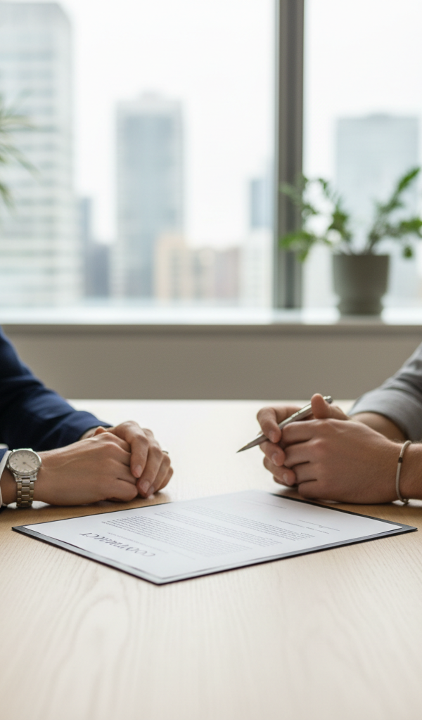 Gros plan sur un contrat ouvert avec un stylo, symbolisant la signature d'un contrat influenceur avec des clauses importantes mises en évidence pour une petite marque.