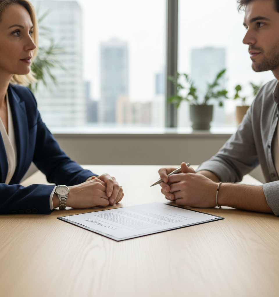 Gros plan sur un contrat ouvert avec un stylo, symbolisant la signature d'un contrat influenceur avec des clauses importantes mises en évidence pour une petite marque.