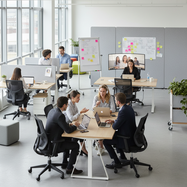 Illustration de professionnels collaborant autour d'un tableau de bord, symbolisant la gestion agile des contrats