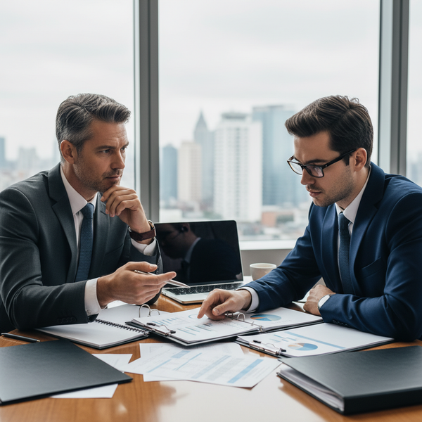 Illustration d'un dirigeant de PME consultant des documents fiscaux avec un avocat, symbolisant la défense des droits lors d'un contrôle fiscal PME.