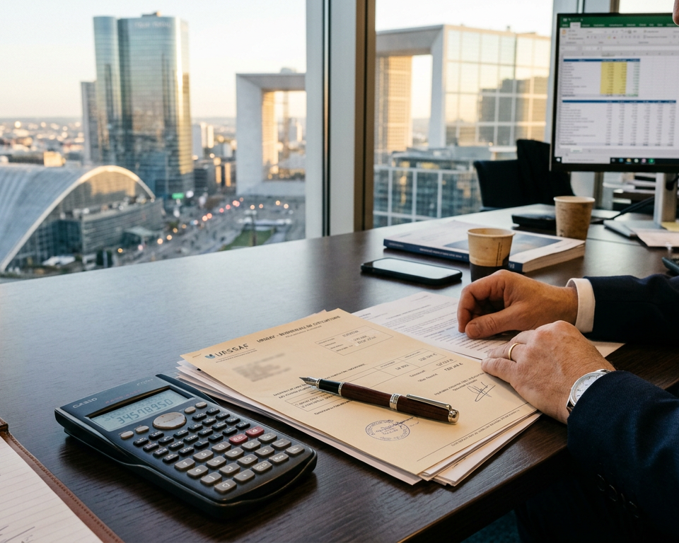 Illustration d'une calculatrice et de documents fiscaux avec le logo URSSAF, symbolisant l'optimisation des cotisations sociales et la gestion des charges pour les indépendants.