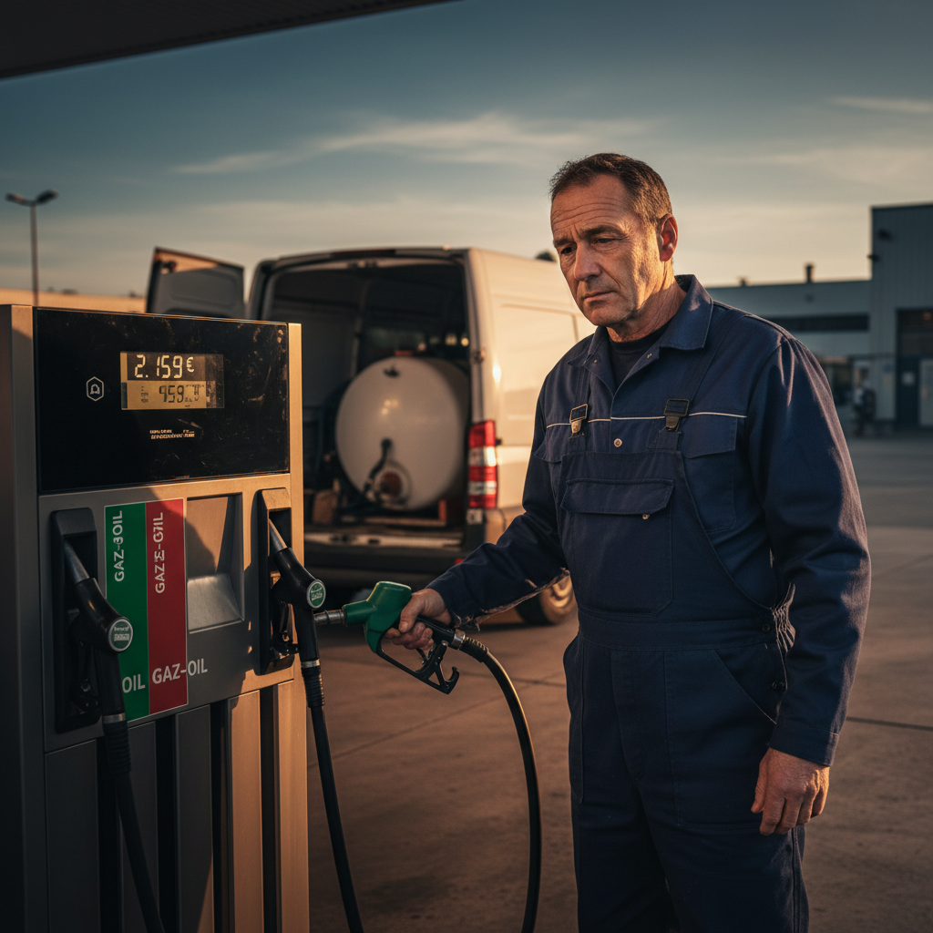 Un pistolet de pompe à essence affichant un prix élevé, avec un artisan ou indépendant en arrière-plan, symbolisant l'impact du coût carburant indépendants sur leur activité.