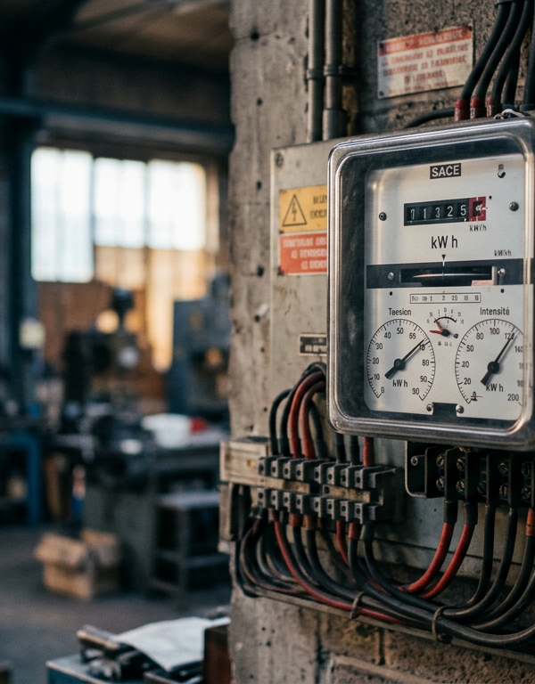 Une dirigeante de PME, soucieuse, devant un graphique montrant l'augmentation du coût de l'énergie, avec en arrière-plan le logo Urssaf symbolisant une solution de trésorerie.