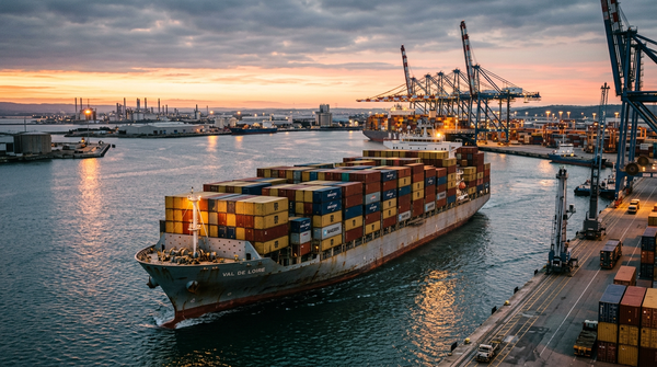 Un porte-conteneurs géant naviguant sur l'océan, symbolisant l'impact croissant du coût fret maritime sur le commerce mondial et les défis logistiques.