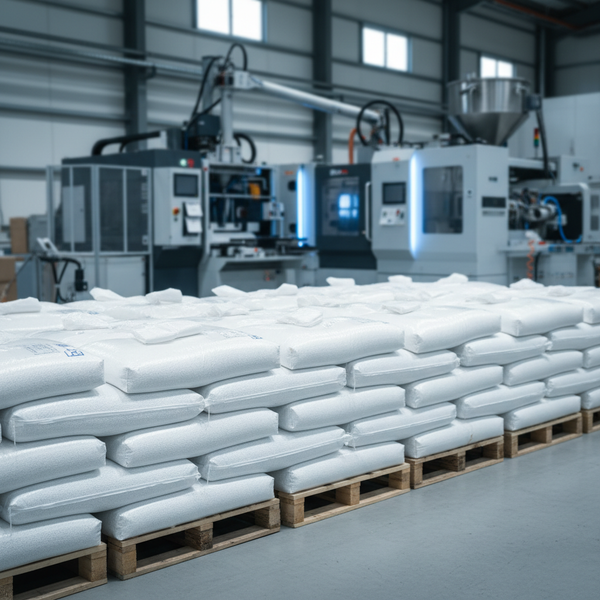 Illustration d'un graphique boursier avec des flèches montantes et descendantes, symbolisant la volatilité des prix des matières premières, avec en arrière-plan une usine de plasturgie, représentant la couverture matières premières.