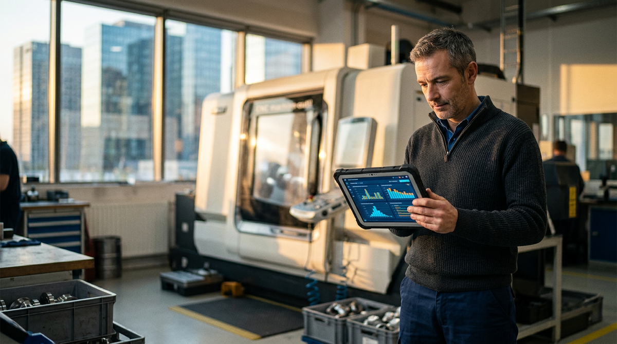 Illustration d'un dirigeant de PME souriant devant un tableau de bord IA, symbolisant le succès d'une CPF formation IA pour l'industrie.