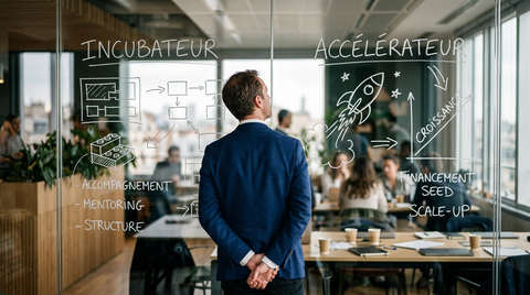 Illustration d'un entrepreneur lyonnais devant deux chemins, l'un menant à un incubateur, l'autre à un accélérateur, symbolisant le choix crucial pour sa Création d'entreprise.