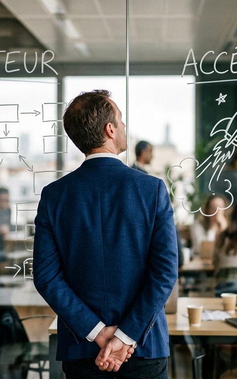 Illustration d'un entrepreneur lyonnais devant deux chemins, l'un menant à un incubateur, l'autre à un accélérateur, symbolisant le choix crucial pour sa Création d'entreprise.