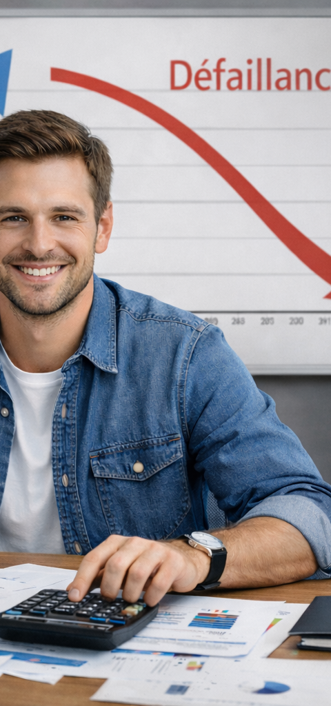 Entrepreneur assis à son bureau dans un espace de travail moderne, analysant des documents financiers avec une calculatrice, devant un graphique montrant une hausse des créations d’entreprises et une baisse des performances, pour illustrer le paradoxe entrepreneurial en France en 2026.