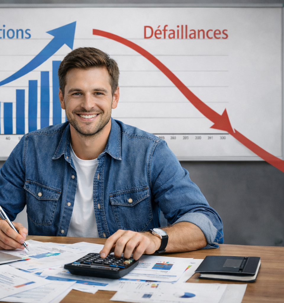 Entrepreneur assis à son bureau dans un espace de travail moderne, analysant des documents financiers avec une calculatrice, devant un graphique montrant une hausse des créations d’entreprises et une baisse des performances, pour illustrer le paradoxe entrepreneurial en France en 2026.
