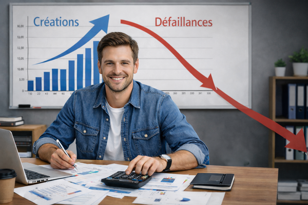 Entrepreneur assis à son bureau dans un espace de travail moderne, analysant des documents financiers avec une calculatrice, devant un graphique montrant une hausse des créations d’entreprises et une baisse des performances, pour illustrer le paradoxe entrepreneurial en France en 2026.