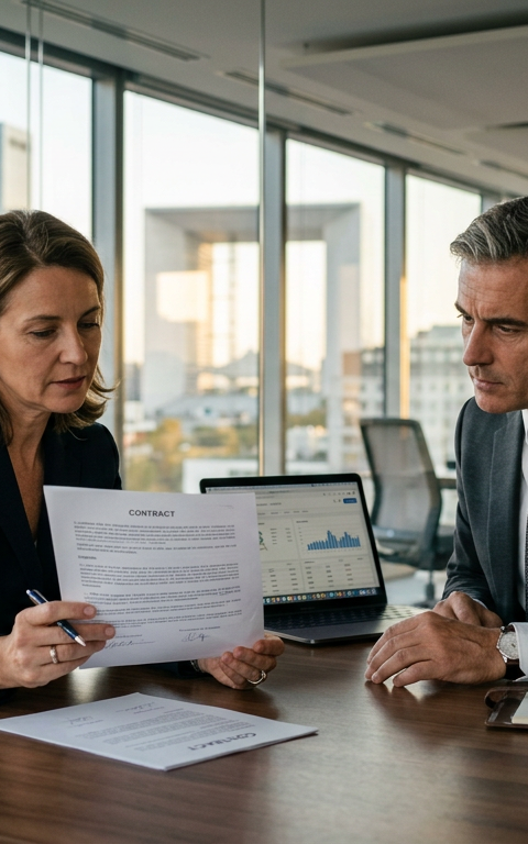 Illustration de deux mains serrant un contrat de rachat, symbolisant la confiance et la crédibilité d'une offre de rachat réussie.