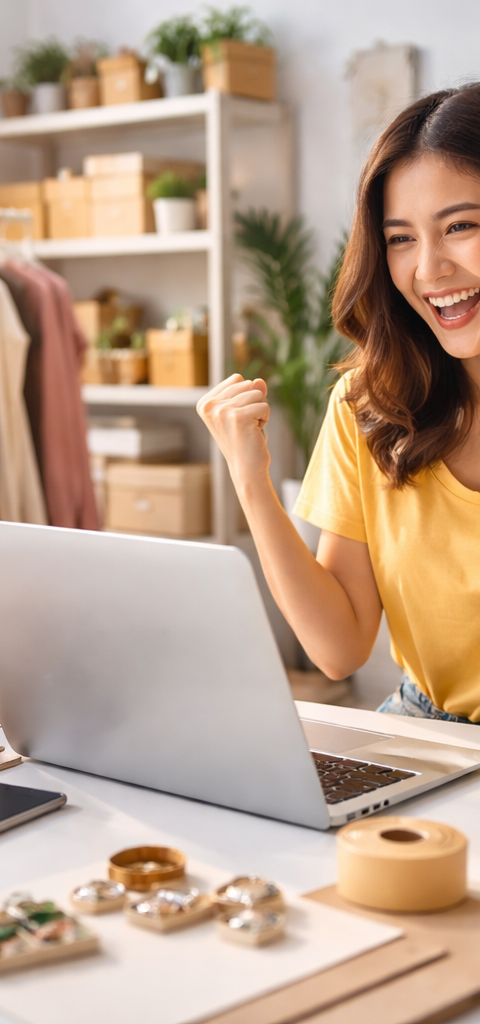 Jeune entrepreneur souriant devant son ordinateur, symbolisant la création d'une boutique e-commerce sans budget, avec des icônes de vente en ligne en arrière-plan.