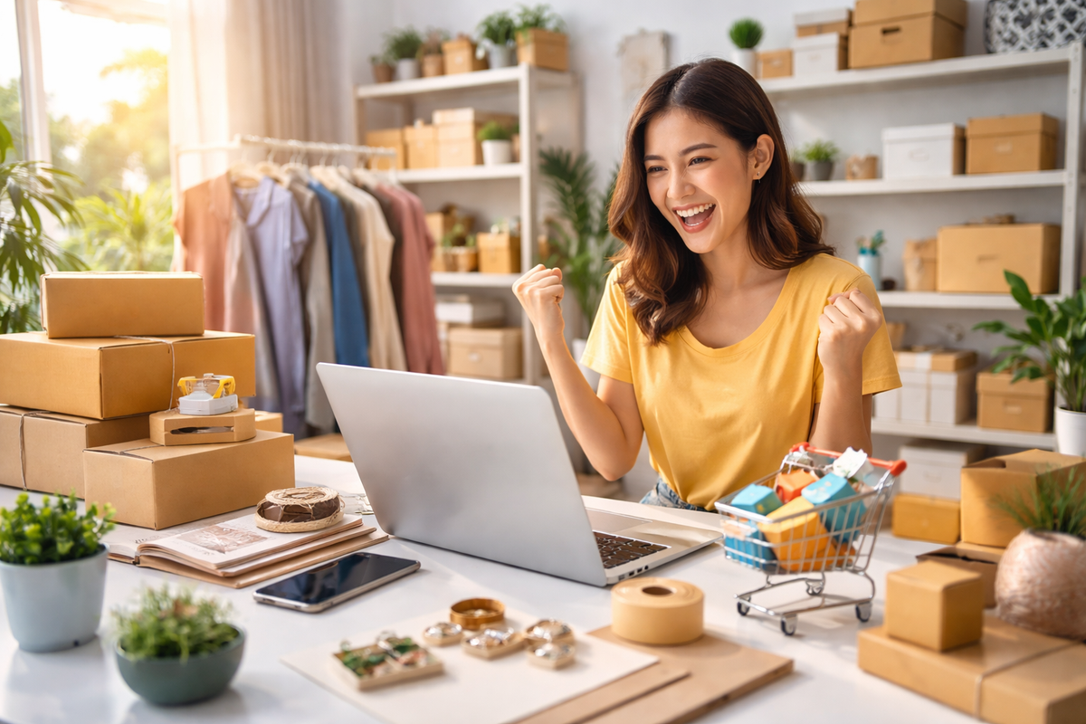 Jeune entrepreneur souriant devant son ordinateur, symbolisant la création d'une boutique e-commerce sans budget, avec des icônes de vente en ligne en arrière-plan.