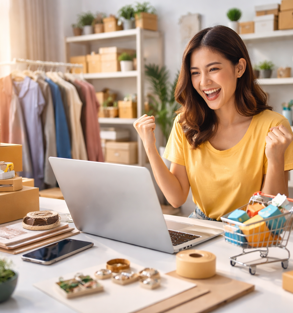 Jeune entrepreneur souriant devant son ordinateur, symbolisant la création d'une boutique e-commerce sans budget, avec des icônes de vente en ligne en arrière-plan.