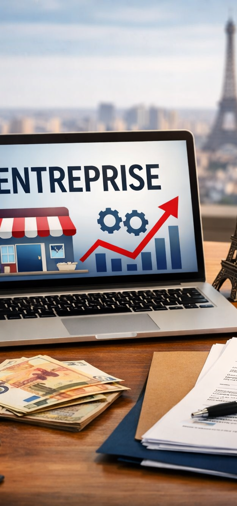 Photo éditoriale d’un bureau d’entrepreneur en France avec ordinateur portable, business plan, documents juridiques, billets en euros, smartphone, lunettes et symboles institutionnels, sur fond de skyline parisienne avec la tour Eiffel, illustrant la création d’entreprise, la structuration d’un projet et les démarches administratives.