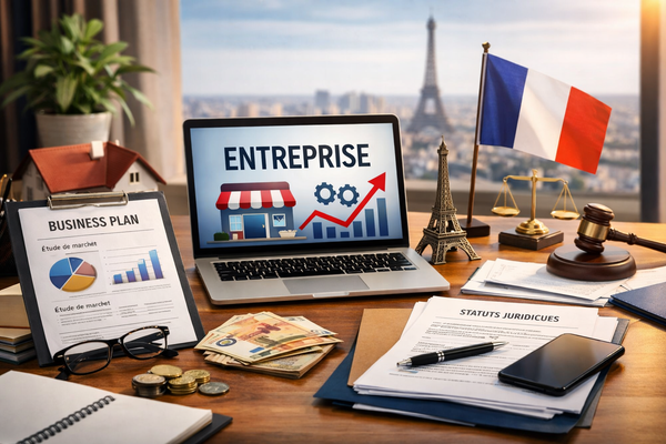 Photo éditoriale d’un bureau d’entrepreneur en France avec ordinateur portable, business plan, documents juridiques, billets en euros, smartphone, lunettes et symboles institutionnels, sur fond de skyline parisienne avec la tour Eiffel, illustrant la création d’entreprise, la structuration d’un projet et les démarches administratives.