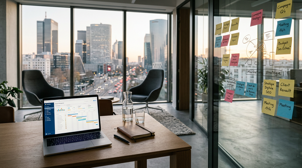 Plan de travail avec ordinateur et budget prévisionnel pour créer une agence marketing rentable.