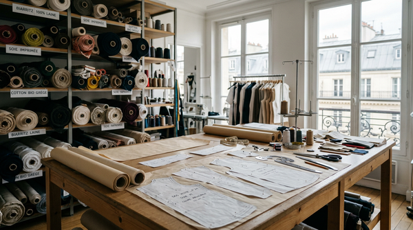 Atelier de couture et croquis de mode pour créer une marque de vêtements rentable en 2026.