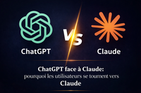 Illustration de deux logos d'IA, ChatGPT et Anthropic, symbolisant une compétition pour la confiance des entreprises, avec des flèches indiquant le transfert de l'hégémonie et la crise ChatGPT.