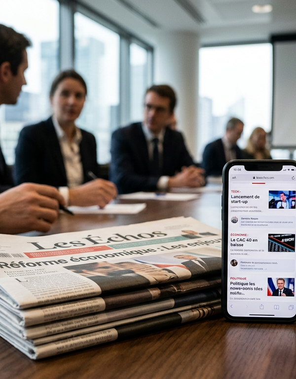 Illustration de la crise presse : un journal froissé sur un écran d'ordinateur affichant des graphiques de baisse, symbolisant les défis et opportunités pour les PME.