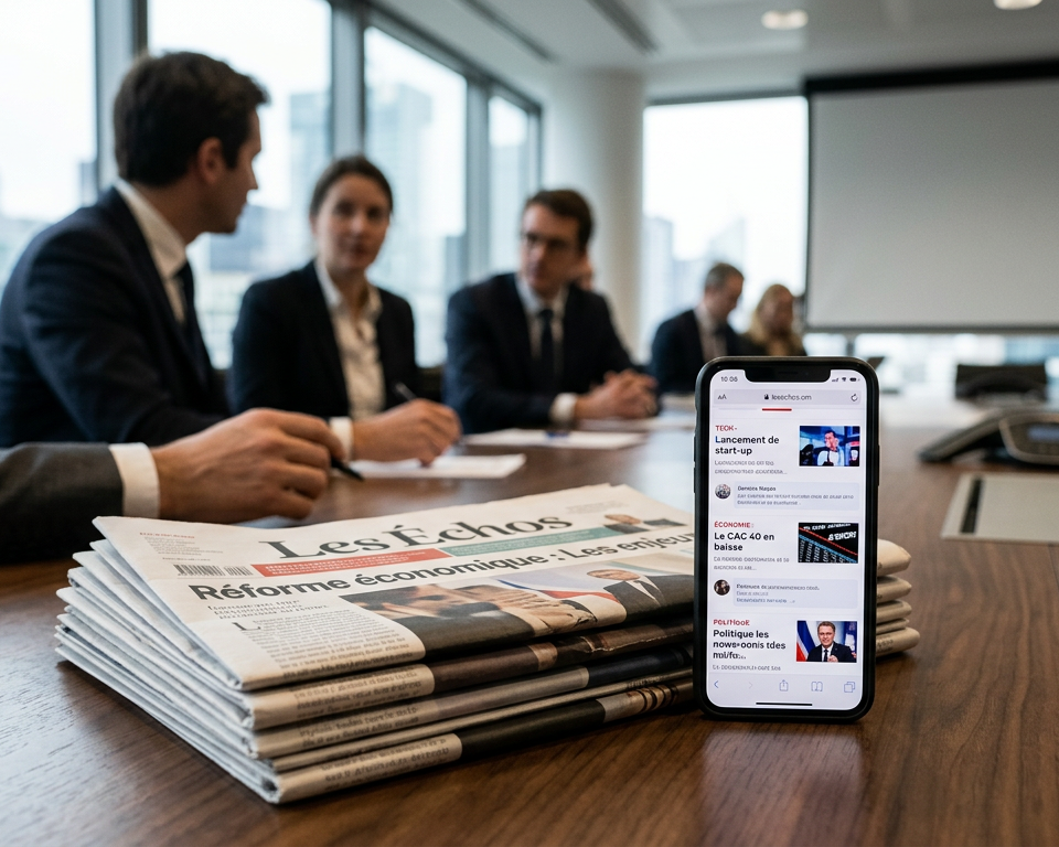 Illustration de la crise presse : un journal froissé sur un écran d'ordinateur affichant des graphiques de baisse, symbolisant les défis et opportunités pour les PME.