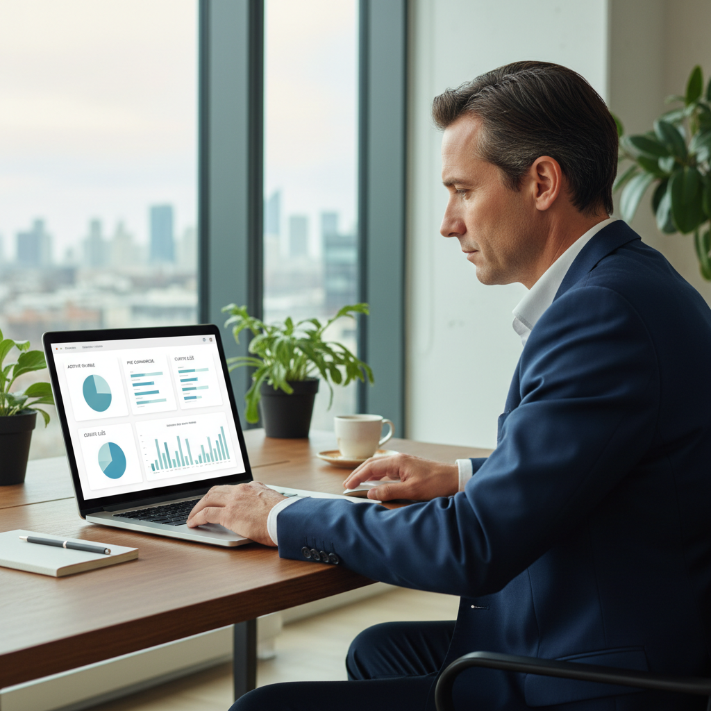 Illustration de plusieurs icônes de logiciels CRM flottant autour d'une petite entreprise symbolisée par un bureau et des personnes, représentant le choix d'un CRM pour petites structures.