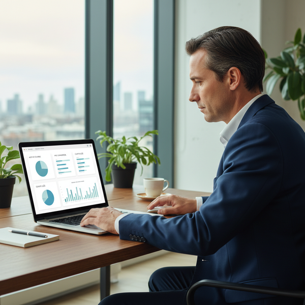 Illustration de plusieurs icônes de logiciels CRM flottant autour d'une petite entreprise symbolisée par un bureau et des personnes, représentant le choix d'un CRM pour petites structures.