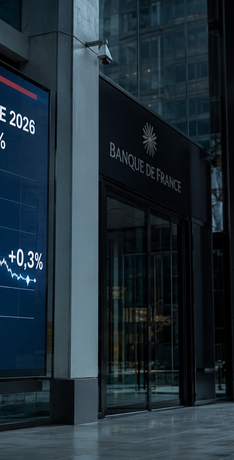 Graphique montrant une courbe de croissance économique française stagnante ou en baisse pour 2026, avec des symboles d'alerte et de gel, illustrant le risque de gel économique et l'impact sur la croissance française 2026.