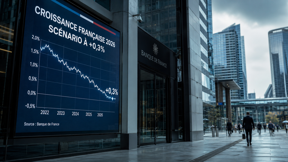 Graphique montrant une courbe de croissance économique française stagnante ou en baisse pour 2026, avec des symboles d'alerte et de gel, illustrant le risque de gel économique et l'impact sur la croissance française 2026.